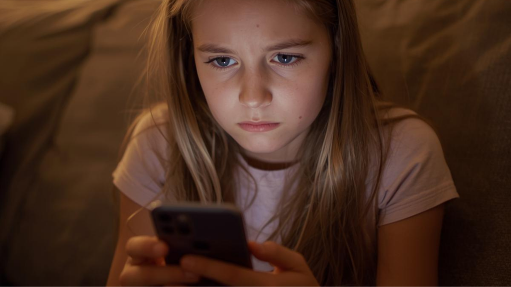 A young girl sitting on a couch, looking at her smartphone with a concerned expression on her face.